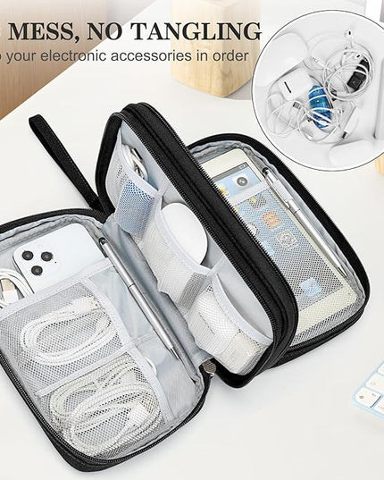 FYY Electronic Organizer, Large Travel Cable Organizer Bag Pouch Electronic Accessories Carry Case Portable Waterproof Double Layers All-in-One Storage Bag for Cable, Cord, Charger, Phone, Black