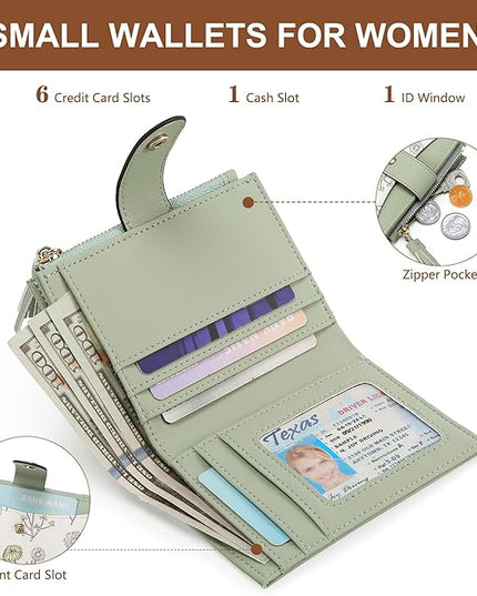 yiijay Small Wallet for Women RFID Blocking Tassle Bifold Slim Thin Leather Wallet Credit Card Holder Wallet Ladies Mini Wallet with Widened Zipper Pocket