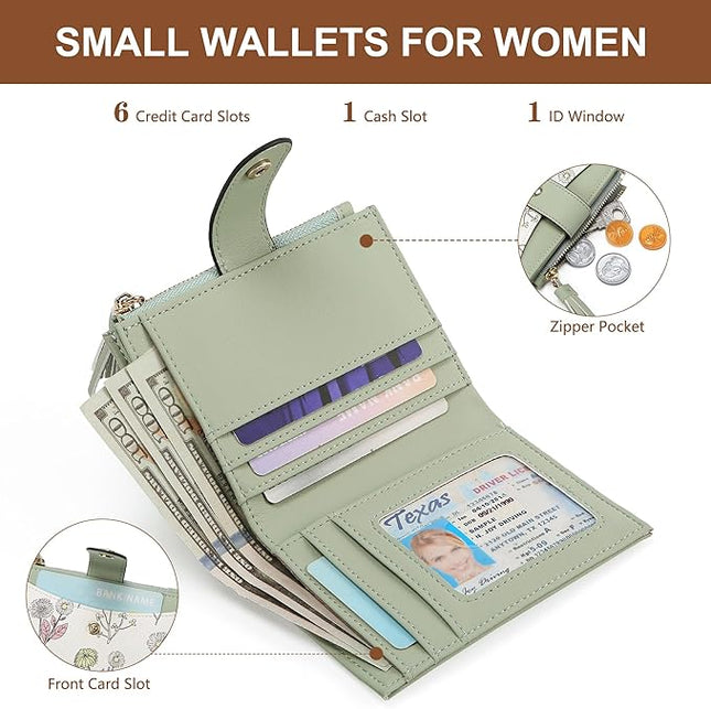 yiijay Small Wallet for Women RFID Blocking Tassle Bifold Slim Thin Leather Wallet Credit Card Holder Wallet Ladies Mini Wallet with Widened Zipper Pocket