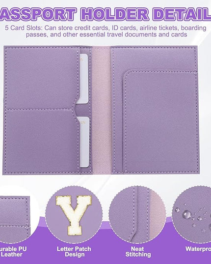 PATIKIL Passport Holder for Travel, Initial Passport Cover and Luggage Tag Set with Alphabet Chenille Letter Patch Travel Wallet Bag Suitcase Identifier for Women Family Travel Purple Y