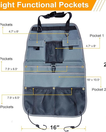 Car Seat Back Organizer with Multiple Storage Pockets, Black Mesh and Fabric, Universal Fit (grey)