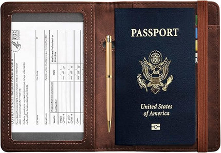 HerriaT Passport and Vaccine Card Holder Combo,Cover Case with CDC Vaccination Card Slot, Leather Travel Documents Organizer Protector, with RFID Blocking, for Women and Men