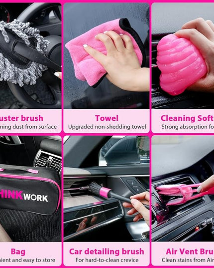 THINKWORK Car Detailing Kit Interior Cleaner, Car Cleaning Kit with 8000PA Cordless Pink Handheld Vacuum Cleaner, Car Interior Detailing Brush Set, Pink Car Accessories, Gift for Women