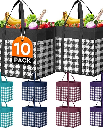 WISELIFE Reusable Grocery Shopping Bags 10 Pack Large Foldable Tote Bags Bulk, Long Handle for Shopping Groceries Clothes (Plaid C)