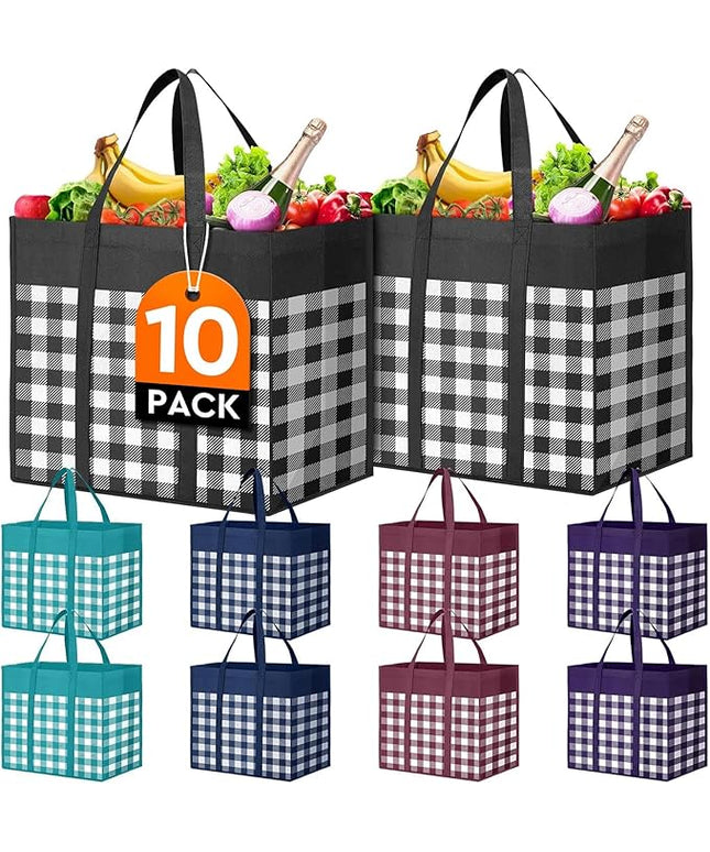 WISELIFE Reusable Grocery Shopping Bags 10 Pack Large Foldable Tote Bags Bulk, Long Handle for Shopping Groceries Clothes (Plaid C)