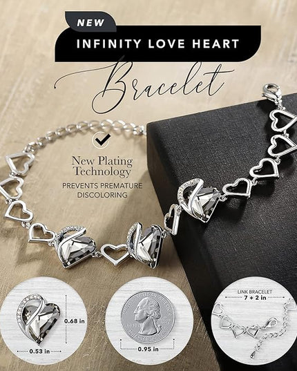 Leafael Infinity Love Heart Link Bracelets, Birthstone or Healing Stone Crystal Bracelet for Women, Silver Tone Jewelry Gifts for Her, 7-inch Chain and 2-inch Extender