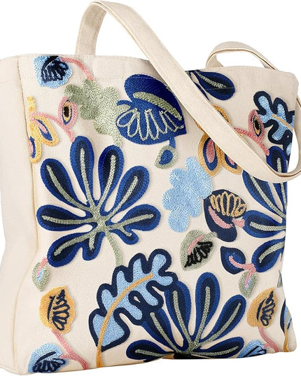 Aesthetic Embroidery Tote Bag for Women - Reusable Canvas Cute Shoulder Bag for Shopping, Grocery, Work, Book