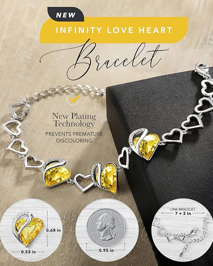 Leafael Infinity Love Heart Link Bracelets, Birthstone or Healing Stone Crystal Bracelet for Women, Silver Tone Jewelry Gifts for Her, 7-inch Chain and 2-inch Extender