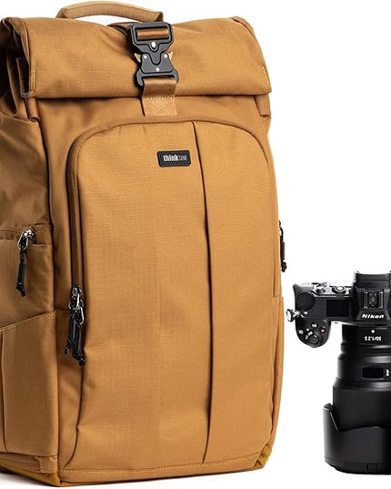 Think Tank FocusPoint 30L RollTop Camera Backpack - Golden Hour: Expandable Travel & Camera Backpack with Laptop Sleeve, Quick Side and Back Access, Rain Cover – Versatile Photography & Travel Bag