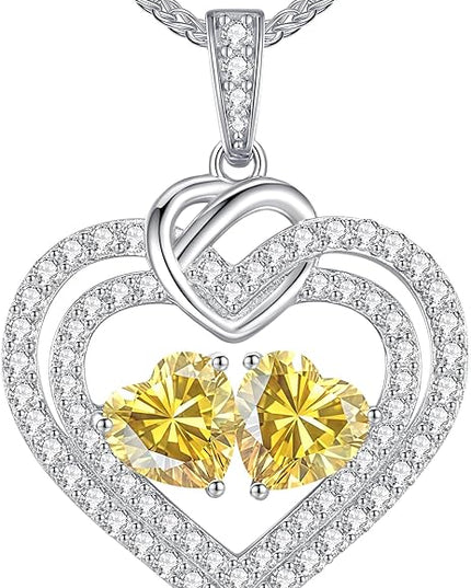 LOUISA SECRET Sparkling Double Heart Birthstone Necklaces for Women, 925 Sterling Silver Fine Jewelry, Pendant Heart Necklaces Birthday Anniversary Christmas Gift for Women Wife Mom Girlfriend Lady