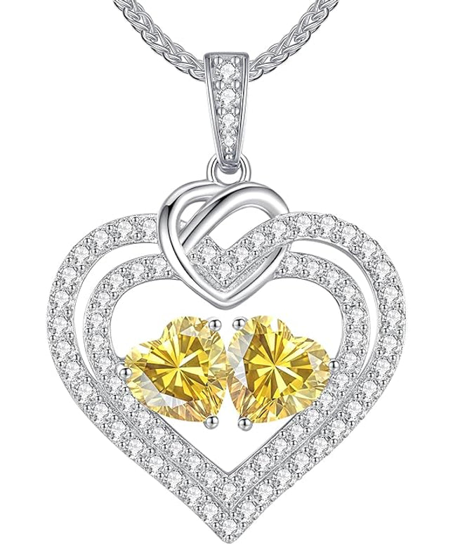 LOUISA SECRET Sparkling Double Heart Birthstone Necklaces for Women, 925 Sterling Silver Fine Jewelry, Pendant Heart Necklaces Birthday Anniversary Christmas Gift for Women Wife Mom Girlfriend Lady