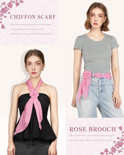 Chiffon Scarf for Women, Removable Flower Neck Scarf Light Soft Fashion Rose Scarves Versatile Headband or Hair Band