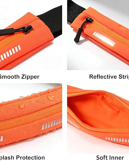 Slim Running Belt For Men and Women Waist Fanny Pack Phone Holder Pouch Bag Reflective Zipper Pocket Workout Cycling Fitness Orange