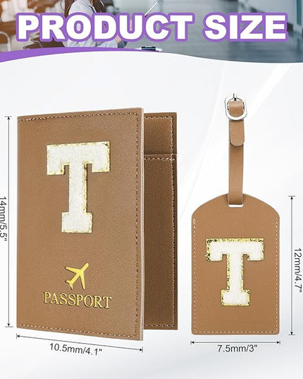 PATIKIL Passport Holder for Travel, Initial Passport Cover and Luggage Tag Set with Alphabet Chenille Letter Patch Travel Wallet Bag Suitcase Identifier for Women Family Travel Brown T