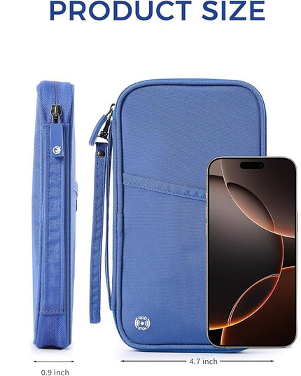 Travel Passport Holder, Large Family Passport Walle for Men Women RFID Passport Cover Lightweight Portable Document Organizer with Wrist Strap (Blue)
