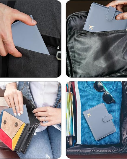 GOAUS Passport Holder for Travel with AirTag Slot Cards Cash Pocket, Faux Leather Travle Wallet Gifts for Women Men RFID Blocking Book Case Blue, AirTag Not Included