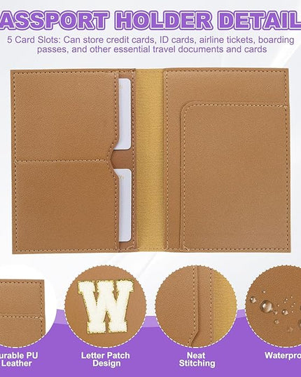 PATIKIL Passport Holder for Travel, Initial Passport Cover and Luggage Tag Set with Alphabet Chenille Letter Patch Travel Wallet Bag Suitcase Identifier for Women Family Travel Brown W