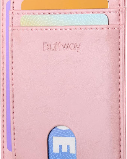 Buffway Slim Minimalist Front Pocket RFID Blocking Leather Wallets for Men and Women - Alaska Pink