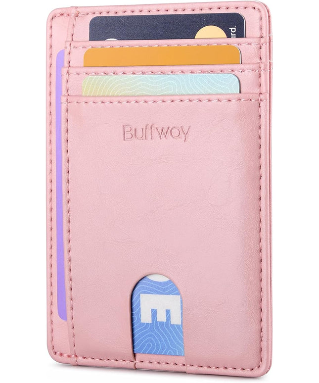 Buffway Slim Minimalist Front Pocket RFID Blocking Leather Wallets for Men and Women - Alaska Pink