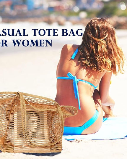 Mesh Beach Bag, Large Beach Tote with Zipper Pocket, Toys Pool Bag for Family Travel Vacation Cruise Essentials