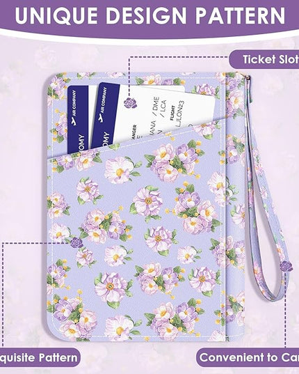 Passport Holder, Passport Holder For Travel, Passport Cover For Travel Essentials, Passport Wallet Cover RFID Blocking, Cute Passport Book for Women and Men, Purple Flowers