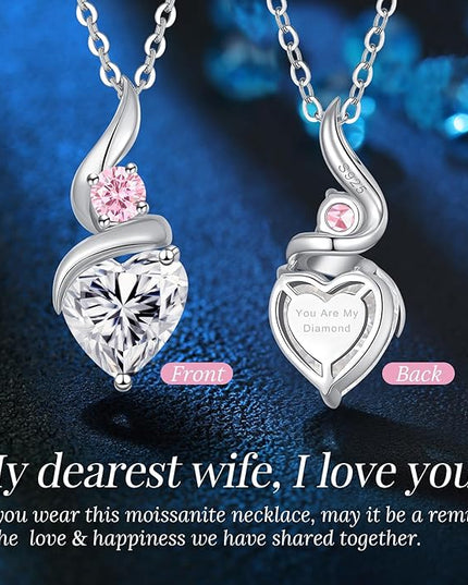 ANDSO Moissanite Heart Pendant Necklaces for Women, 925 Sterling Silver Necklace with Birthstone, Ideal Anniversary Present or Birthday Christmas Valentine Jewelry Gifts for Mom Wife Her Girlfriend