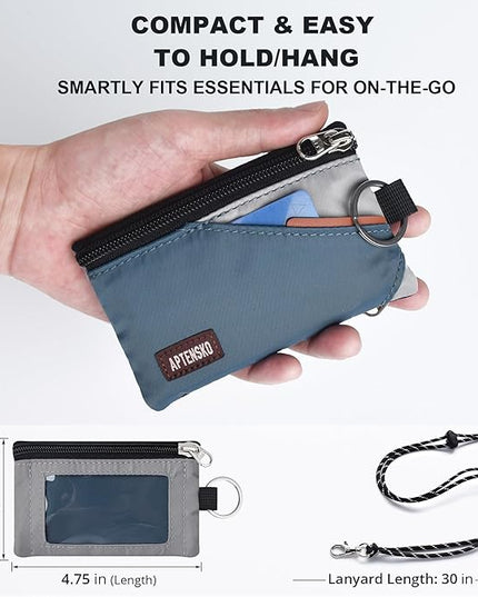 RFID Travel Wallet with Adjustable Lanyard-Zipper Small Wallet with ID Card Holder, Keychain for women&men-Minimalist Slim Waterproof Nylon case for ID, Cash, Key (SlateBlue+Grey)