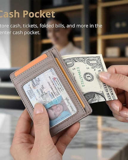 Buffway Slim Minimalist Front Pocket RFID Blocking Leather Wallets for Men and Women - Lichee Khaki