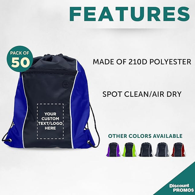 DISCOUNT PROMOS Two-Tone Drawstring Backpack Non-Woven -50 pack - Customizable Text, Logo - Durable Sports Backpacks- Ideal for Work, Sports, Travel, Gym & More - Blue