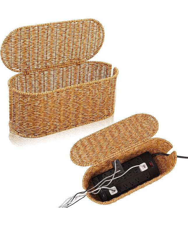 Cable Management Box, Handmade Rattan Cable Organizer, 2 Open Slots Cords Hider Box, Under Desk Cord Organizer for Computer Router USB Hub & Power Strip, Patent Pending, 15.9" x 6.5" x 6.5", Natural