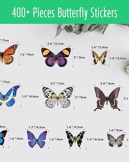 400+ PCS Realistic Butterfly Stickers, Self-Adhesive PVC Vintage Butterfly Stickers for Scrapbook, Laptop, Journal, DIY Project, Window, Envelope Spring Themed Party Decors