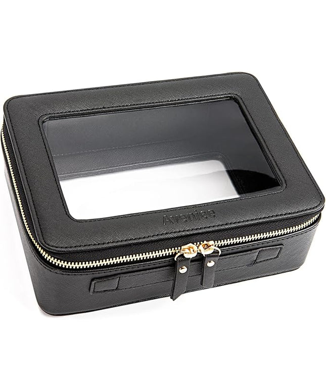 Aveniee Clear Makeup Bag Organizer, Portable Travel Toiletry Cosmetic Bag Case for Women, Heavy Duty Clear Pouch with zipper with Transparent Vinyl Windows & Gold Zippers(Black)