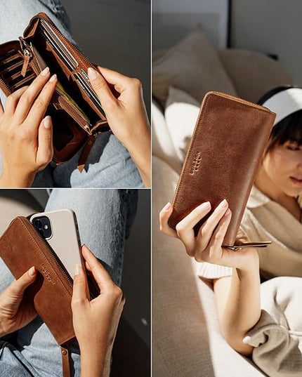 BERLINER BAGS Vintage Genuine Leather Wallet Margo, RFID Blocking Credit Card Holder, Slim Womens Wallet, Zip Around Wallet for 13 Cards and ID window, Bills, Coins - Brown