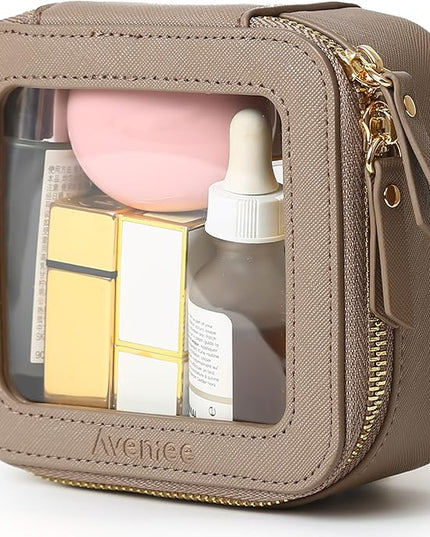 Aveniee Mini Clear Makeup Bag, Small Cosmetic Bags Travel Toiletry Pouch Organizer, TSA Approved Make up Case with Zipper, Car Bag for Essentials,Taupe