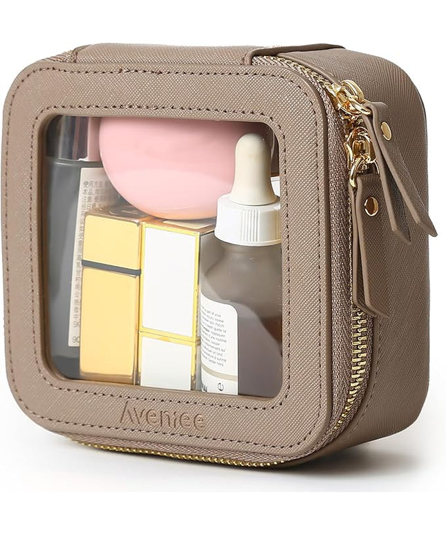 Aveniee Mini Clear Makeup Bag, Small Cosmetic Bags Travel Toiletry Pouch Organizer, TSA Approved Make up Case with Zipper, Car Bag for Essentials,Taupe