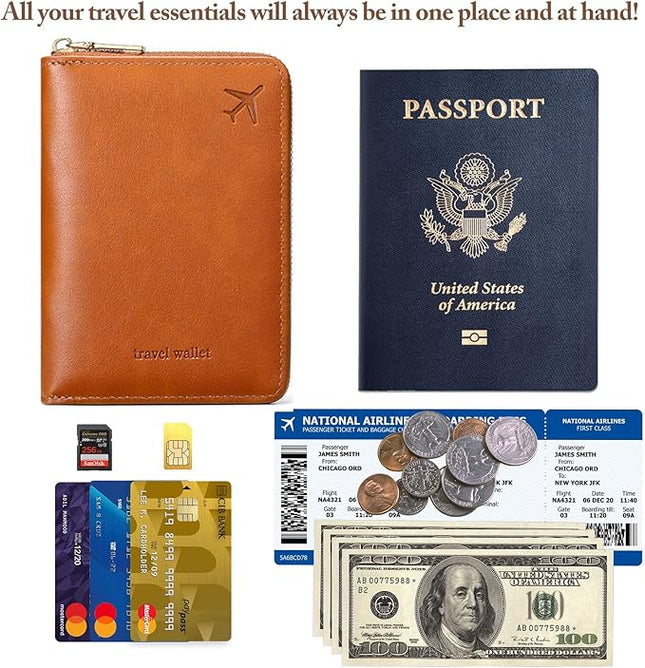 Passport Holder for Travel Women and Men RFID Passport Holder with Card Slots Holder Passport Case Passport cover Passport Wallet Travel Essentials and Accessories (Short Zipper, SZ-Brown)