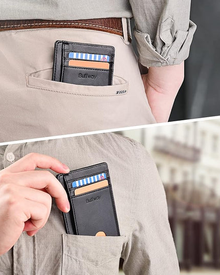 Buffway Slim Minimalist Front Pocket RFID Blocking Leather Wallets for Men and Women - Alaska Brown