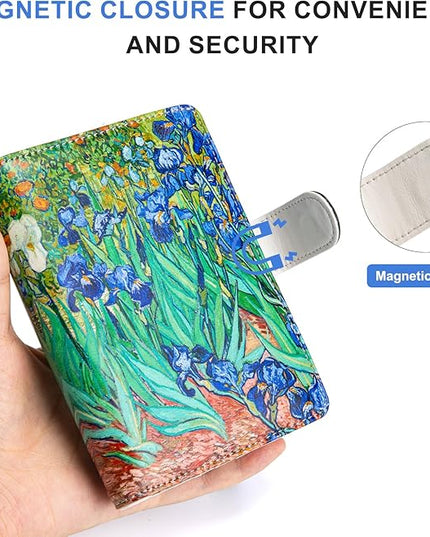 Passport Holder for Travel Essentials, RFID Blocking Passport Wallet Cover with Magnetic Closure, Passport Book Holders for Women and Men (Irises)