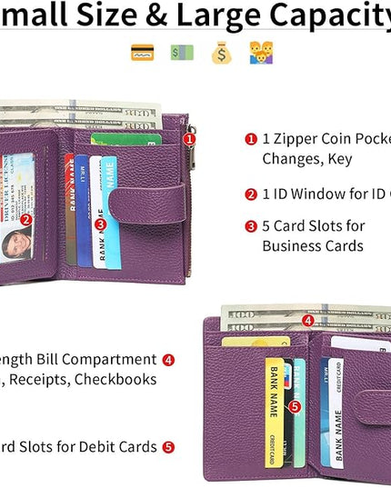 GAEKEAO Small Wallet for Women, Bifold Leather RFID Blocking Ladies Compact Card Holder with Zipper Pocket & ID Window