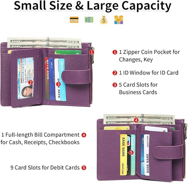 GAEKEAO Small Wallet for Women, Bifold Leather RFID Blocking Ladies Compact Card Holder with Zipper Pocket & ID Window