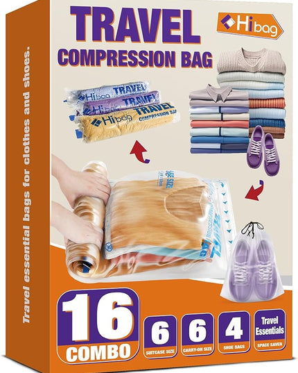 Travel Essentials Compression Bags, 12 Clothes Bags and 4 Shoe Bags for Cruise Luggage Accessories (16-Travel)