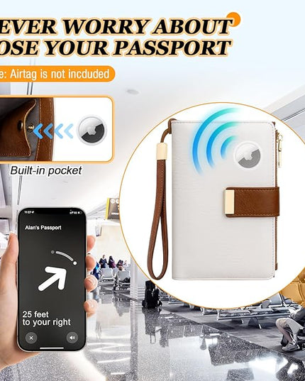 HUANLANG Passport Holder with Airtag for Women/Men, Airtag Passport Wallet for Travel Leather Passport Holder RFID Blocking,Travel Passport Walelt with Credit Card Holder
