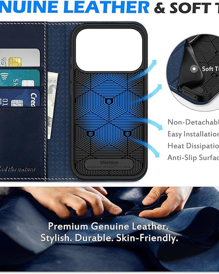 SHIELDON Wallet Case for iPhone 17 Pro 6.3" 2025 | Genuine Leather | RFID Blocking | Credit Card Holder | Folio | Magnetic Closure | Kickstand | TPU Protective Phone Cover | Retro Dark Blue