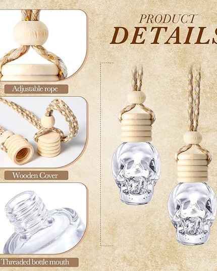BBTO 200 Pcs Hanging Car Diffuser Bottles Bulk, Empty Clear Glass Air Freshener Bottles with Wooden Cap for Perfume Essential Oils Fragrance Aromatherapy Ornament(Skull)