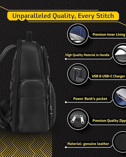 Durable Leather Laptop Business Backpack Perfect for Men & Women, Work Backpack Fits 15.6 Inch, Premium Quality Travel Bag with USB Charging Port, Water-Resistant, Bookbag with Multiple Pockets