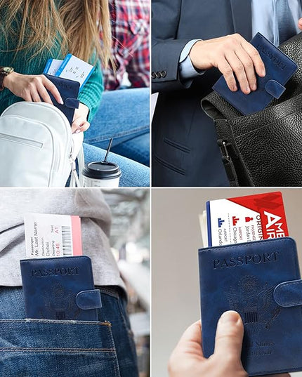 RSAquar Passport Holder for Women and Men, Premium PU Leather Travel Passport Wallet RFID Blocking Passport Cover Travel Documents Organizer with Pen Holder, Blue#2