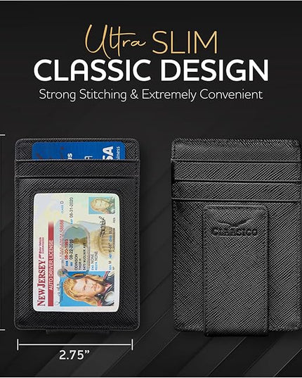 Money Clip Leather Wallet For Men Slim Front Pocket RFID Blocking with Super Strong Magnetic