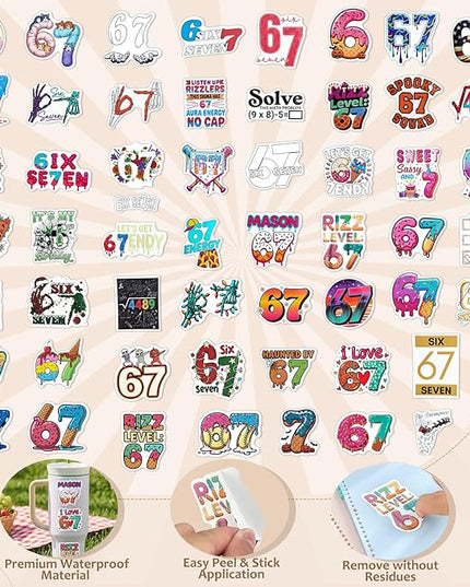 67 Stickers (104PCS), Waterproof Vinyl 6 7 Meme Stickers for Laptop, Water Bottle, Car, Phone Case, 67 Stuff for Adults Teens, 6–7 Meme Gifts