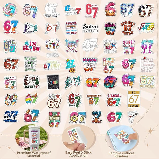 67 Stickers (104PCS), Waterproof Vinyl 6 7 Meme Stickers for Laptop, Water Bottle, Car, Phone Case, 67 Stuff for Adults Teens, 6–7 Meme Gifts