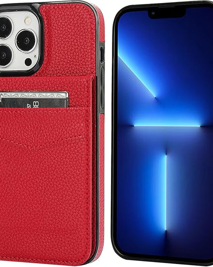 KIHUWEY Compatible with iPhone 13 Pro Max Case Wallet with Credit Card Holder, Premium Leather Magnetic Clasp Kickstand Heavy Duty Protective Cover for iPhone 13 Pro Max 6.7 Inch (Lichee Red)